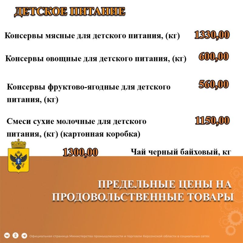 Министерством промышленности и торговли Херсонской области издан новый приказ, утверждающий перечень и предельно допустимые цены на ряд продовольственных и непродовольственных товаров, применяемых на территории Херсонской... Министерством промышленности и торговли Херсонской области издан новый приказ, утверждающий перечень и предельно допустимые цены на ряд продовольственных и непродовольственных товаров, применяемых на территории Херсонской...