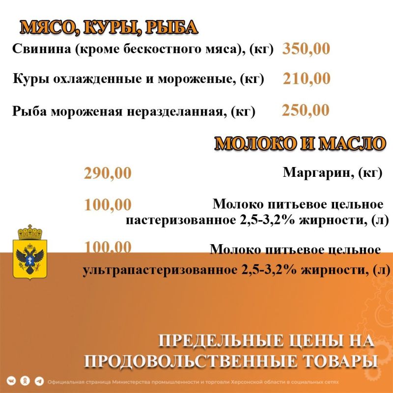 Министерством промышленности и торговли Херсонской области издан новый приказ, утверждающий перечень и предельно допустимые цены на ряд продовольственных и непродовольственных товаров, применяемых на территории Херсонской... Министерством промышленности и торговли Херсонской области издан новый приказ, утверждающий перечень и предельно допустимые цены на ряд продовольственных и непродовольственных товаров, применяемых на территории Херсонской...
