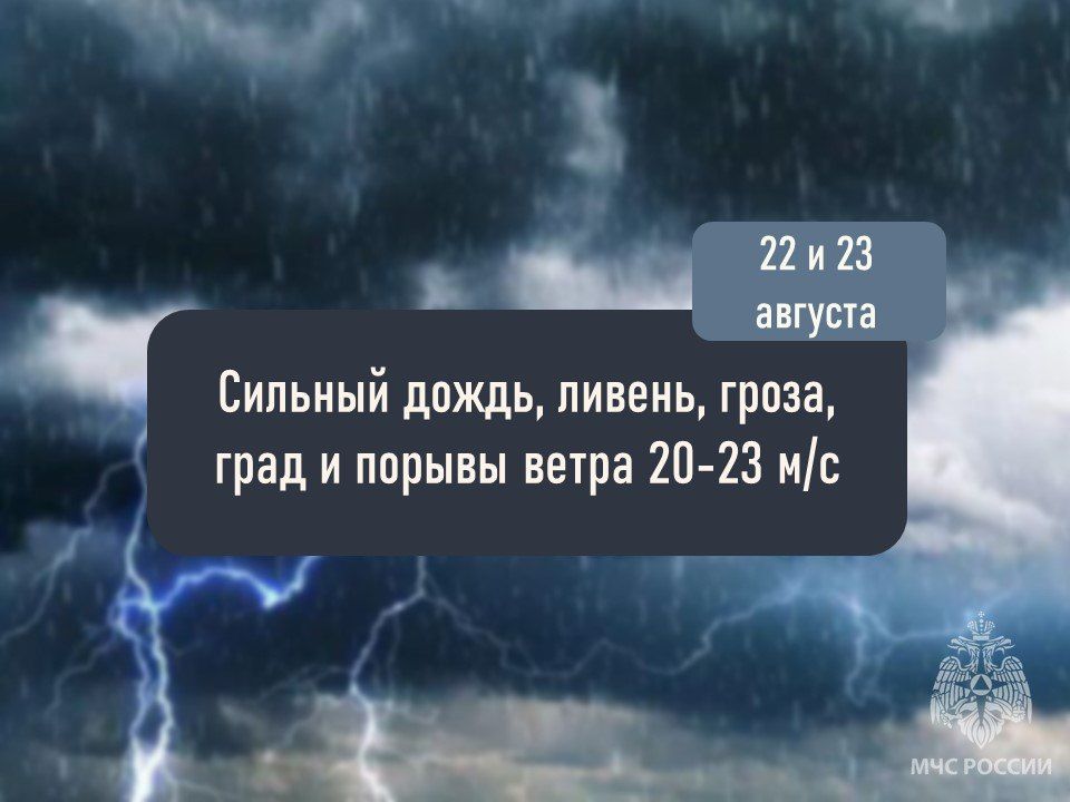 Штормовое предупреждение. До конца суток 22 и 23 августа местами в Херсонской области ожидаются сильные дожди, ливни в сочетании с грозой, градом и порывами ветра 20-23 м/с