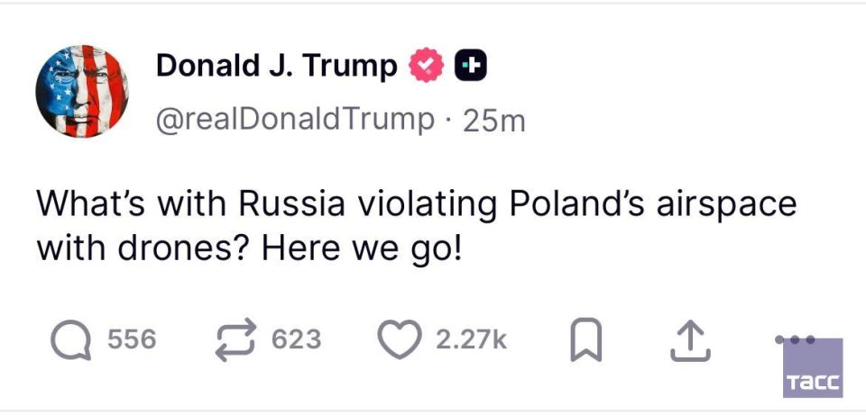 "Что там происходит с Россией, нарушающей беспилотниками воздушное пространство Польши? Начинается!", —Трамп в Truth Social