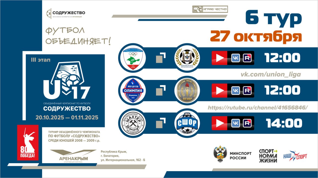 6 игровой день турнира Объединённого чемпионата «Содружество» U-17 (сезон 2025)!