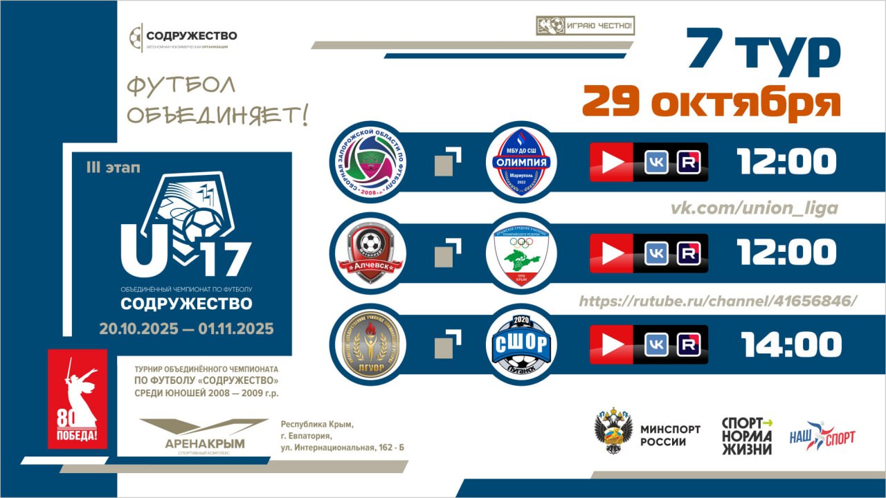7 игровой день турнира Объединённого чемпионата «Содружество» U-17 (сезон 2025)! 7 игровой день турнира Объединённого чемпионата «Содружество» U-17 (сезон 2025)!