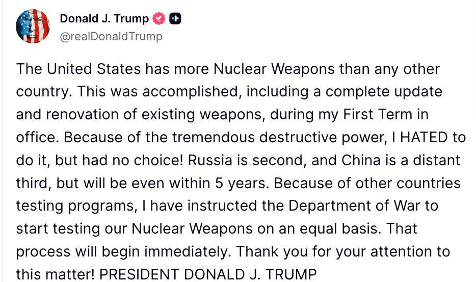 Трамп срочно начинает ядерные испытания