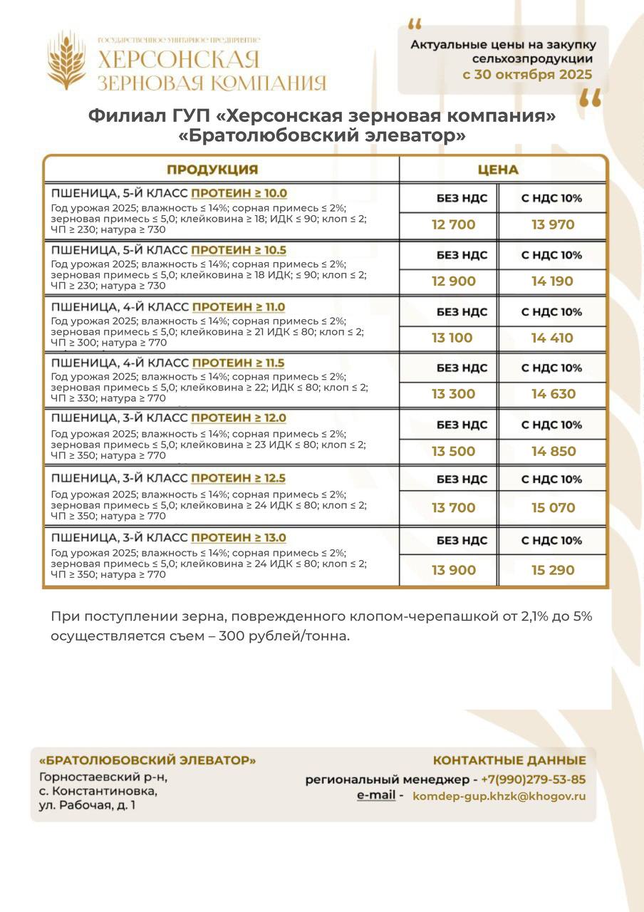 ГУП «Херсонская зерновая компания» продолжает закупку сельскохозяйственной продукции по обновленным ценам ГУП «Херсонская зерновая компания» продолжает закупку сельскохозяйственной продукции по обновленным ценам
