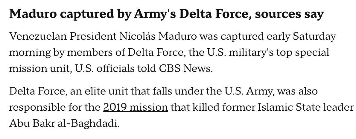 Операцию по захвату Мадуро и его супруги провели бойцы Delta Force, элитного спецподразделения ВС США — телеканал CBS