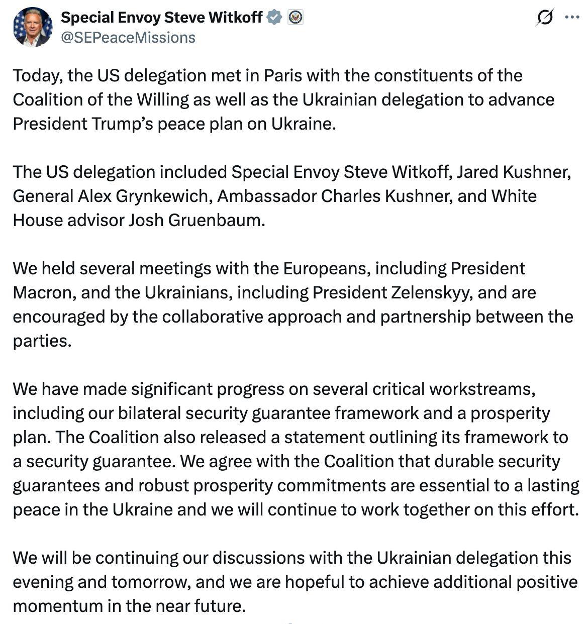 Полное заявление Уиткоффа по итогам переговоров с «коалицией желающих» в Париже касательно гарантий безопасности Украины