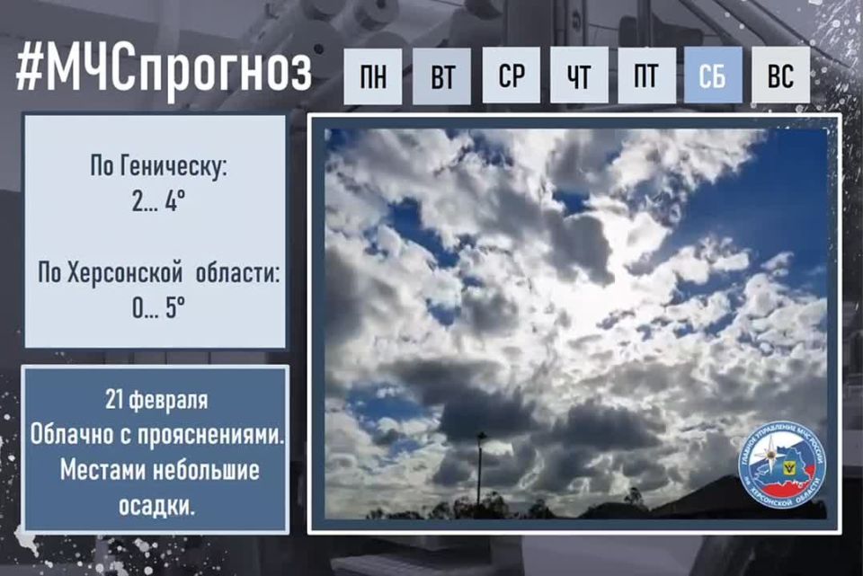 Двадцатого первого февраля в Херсонской области будет облачно с прояснениями