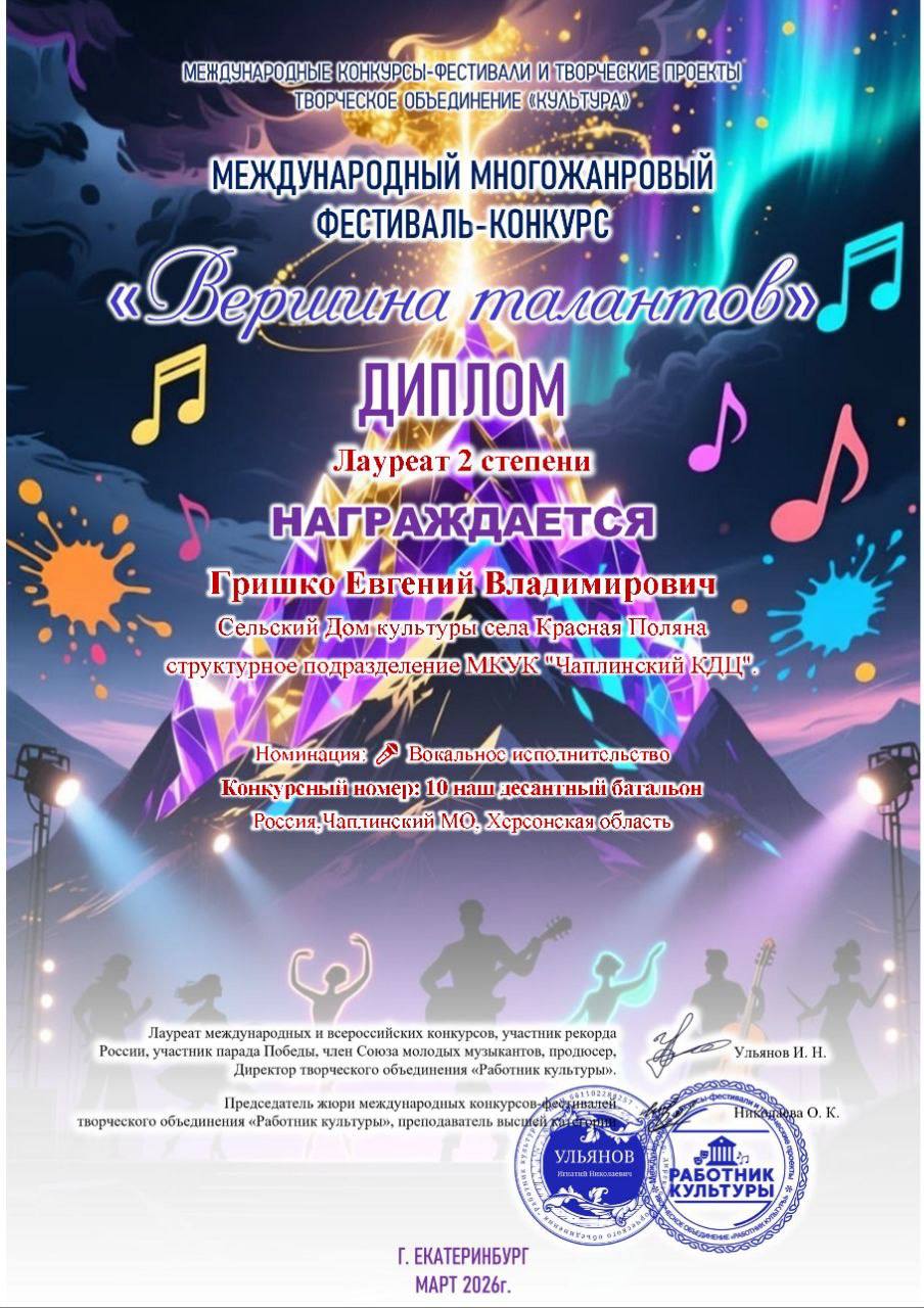 Клубы по интересам сельского Дома культуры с.Красная Поляна, приняли участие в международном конкурсе "Вершина Талантов"