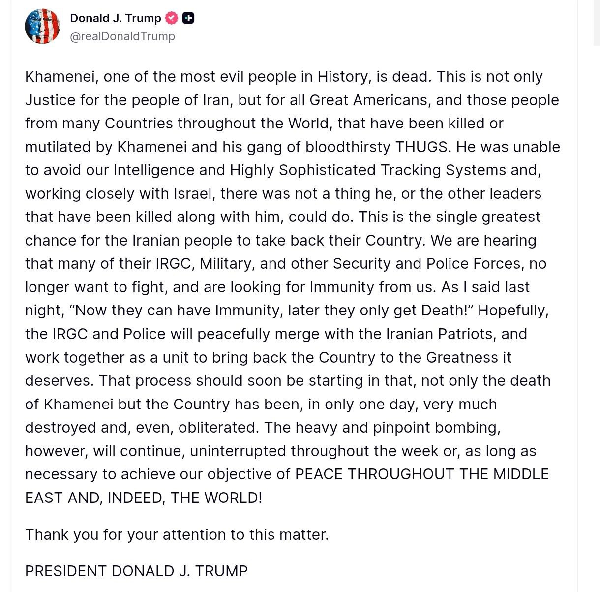 Трамп официально высказался убийстве лидера Ирана Хаменеи