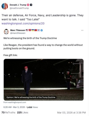 Трамп в соцсети Truth:. «Их противовоздушная оборона, ВВС, ВМФ и руководство исчезли. Они хотят поговорить. Я сказал: «Слишком поздно!» Трампу нужно учить русский язык, а так четко звучит: «Не говори „гоп“, пока не...