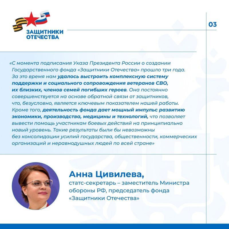 Три года назад, 3 апреля 2023 года, Президент России подписал Указ о создании Государственного фонда «Защитники Отечества» Три года назад, 3 апреля 2023 года, Президент России подписал Указ о создании Государственного фонда «Защитники Отечества»