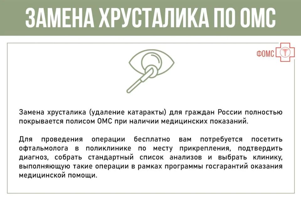 Замена хрусталика в России входит в программу государственных гарантий и проводится бесплатно по полису ОМС при наличии медицинских показаний Замена хрусталика в России входит в программу государственных гарантий и проводится бесплатно по полису ОМС при наличии медицинских показаний
