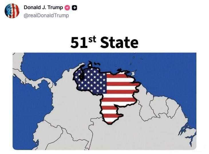 Трамп опубликовал в Truth Social карту, на которой Венесуэла изображена как 51 штат