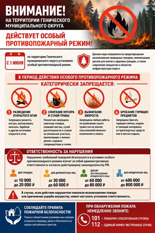 ВНИМАНИЕ! На территории Генического муниципального округа действует особый противопожарный режим!