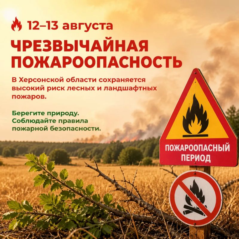 В Херсонской области объявлен режим повышенной бдительности: 12–13 августа ожидается чрезвычайная пожароопасность