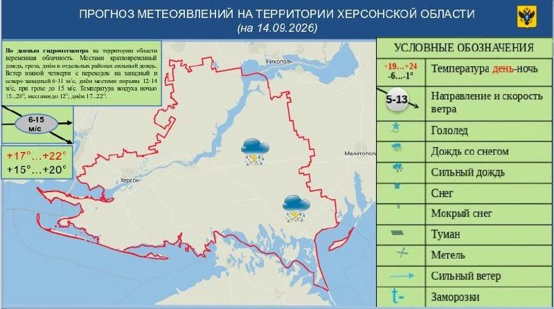 МЧС: на Херсонщине 14 сентября местами ожидается дождь и гроза