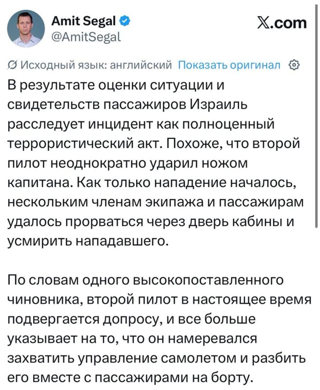 Израильские СМИ сообщают, что второй пилот(хохол) пытался завледеть самолетом