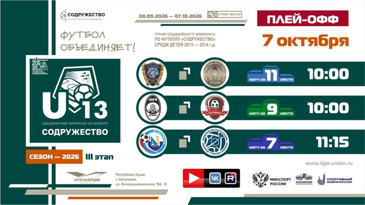 Финал турнира Объединённого чемпионата «Содружество» U-13 (сезон 2026)!