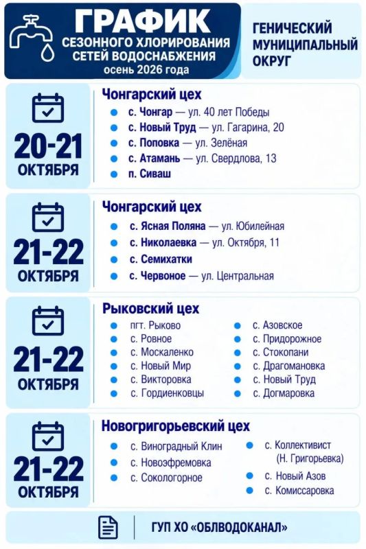Плановое осеннее хлорирование воды