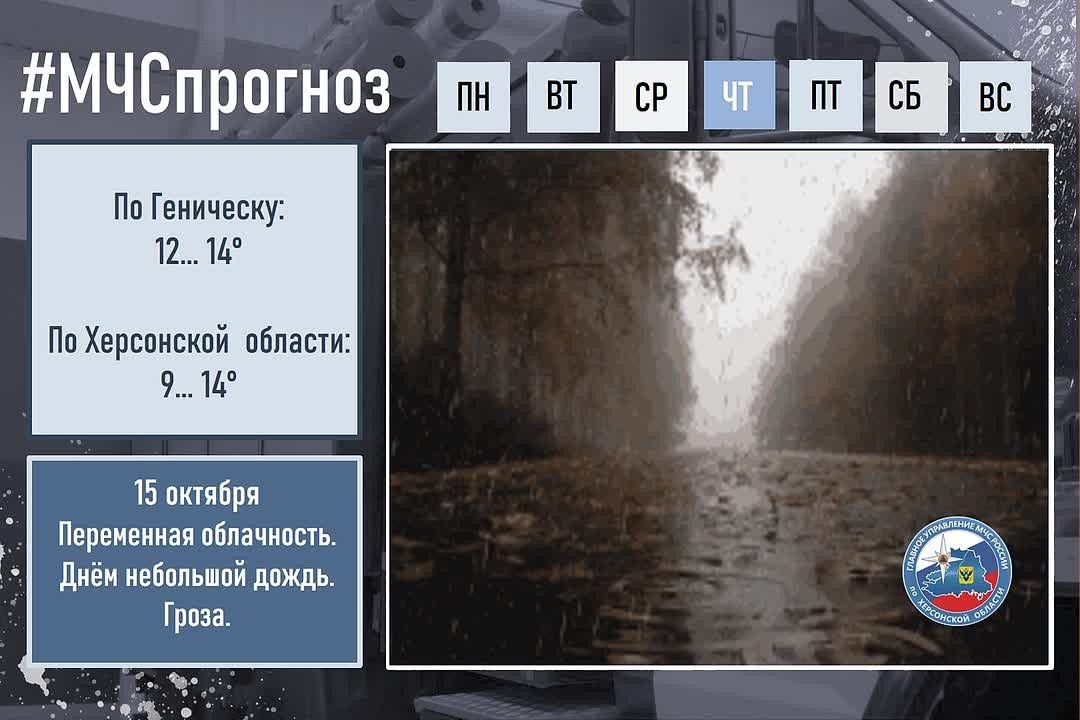 #МЧСпрогноз. 15 октября в городе Геническ: Облачно с прояснениями