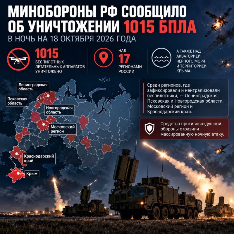 Минобороны РФ сообщило об уничтожении 1015 беспилотных летательных аппаратов в ночь на 18 октября 2026 года