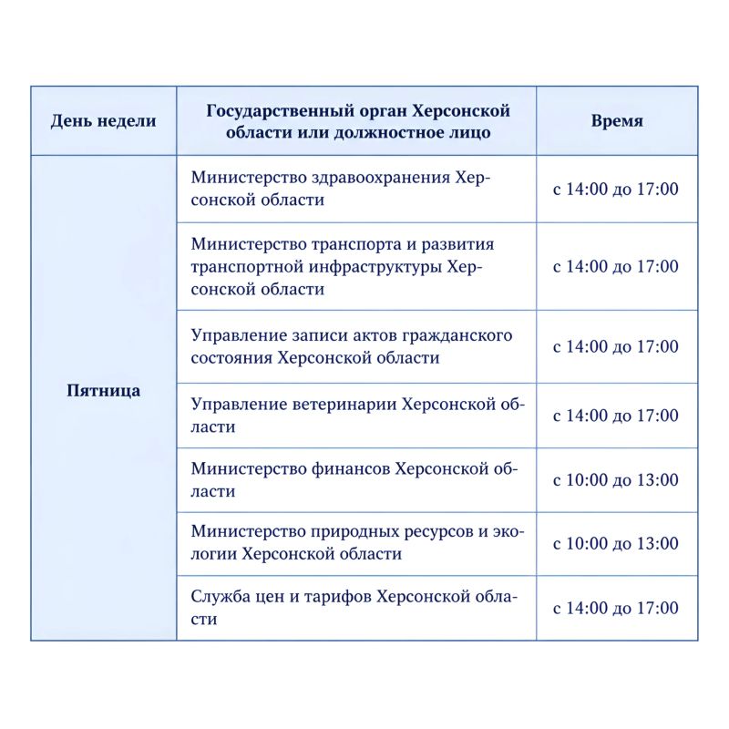 График видеоприемов с исполнительными органами Херсонской области на октябрь, ноябрь, декабрь 2026 года ... График видеоприемов с исполнительными органами Херсонской области на октябрь, ноябрь, декабрь 2026 года ...