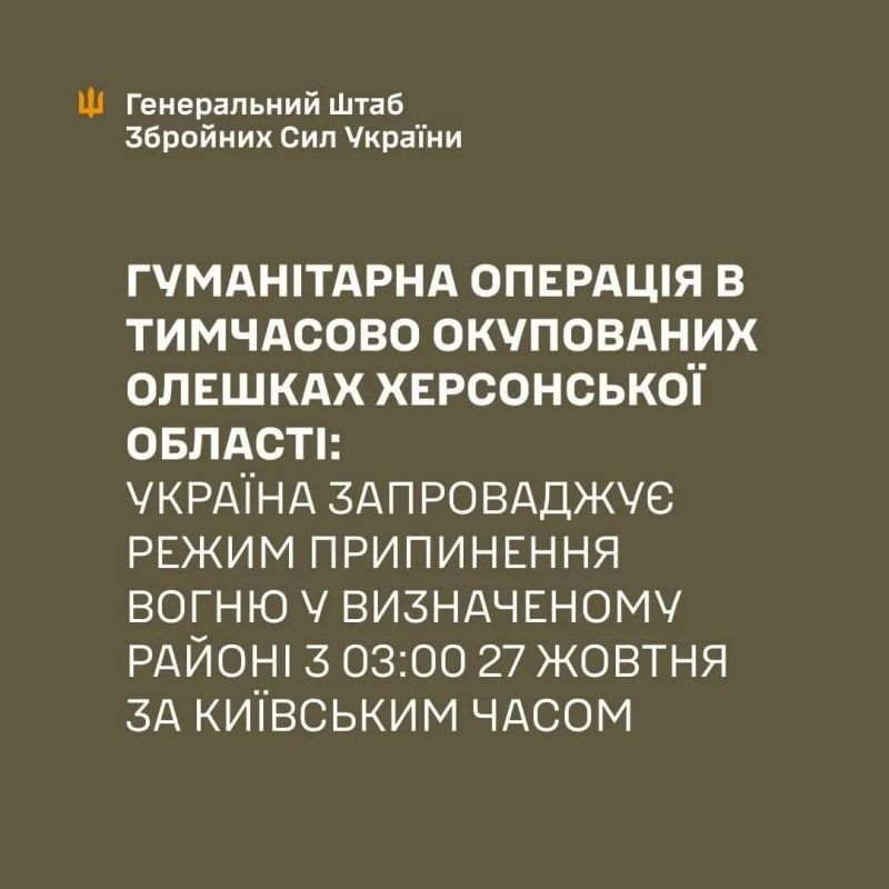 ВСУ подтвердили начало режима прекращения огня в Алёшках с 3 утра вторника 27 октября