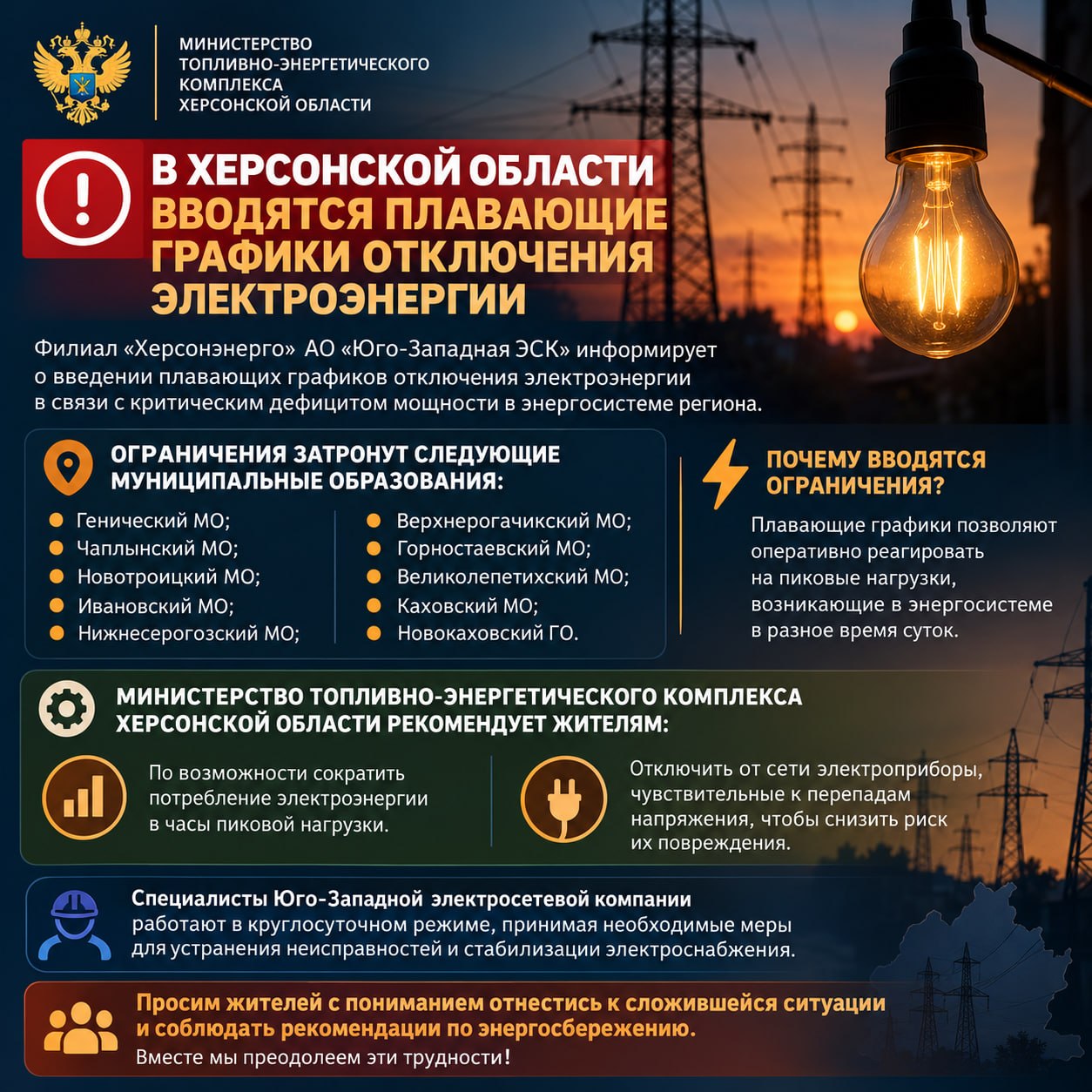 В Херсонской области вводятся плавающие графики отключения электроэнергии