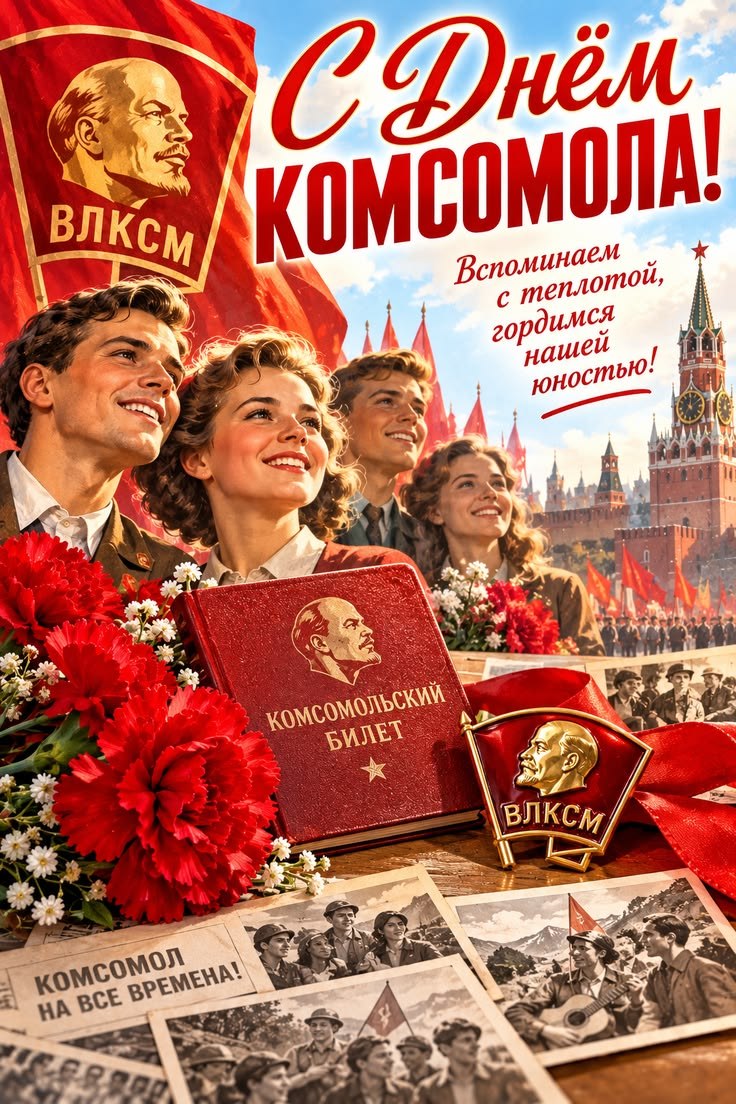 С Днем комсомола, друзья!. Желаем всем юным душой теплых воспоминаний о днях счастливой молодости, когда вера в справедливость, искренняя любовь к Родине, важность самодисциплины и моральной устойчивости для подрастающего...